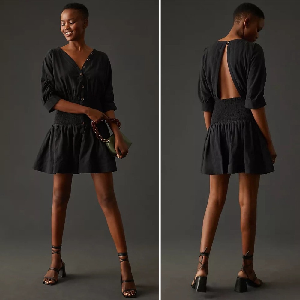 Anthropologie Maeve Puffed Sleeve Smocked Mini Dress XS black solid minimalist